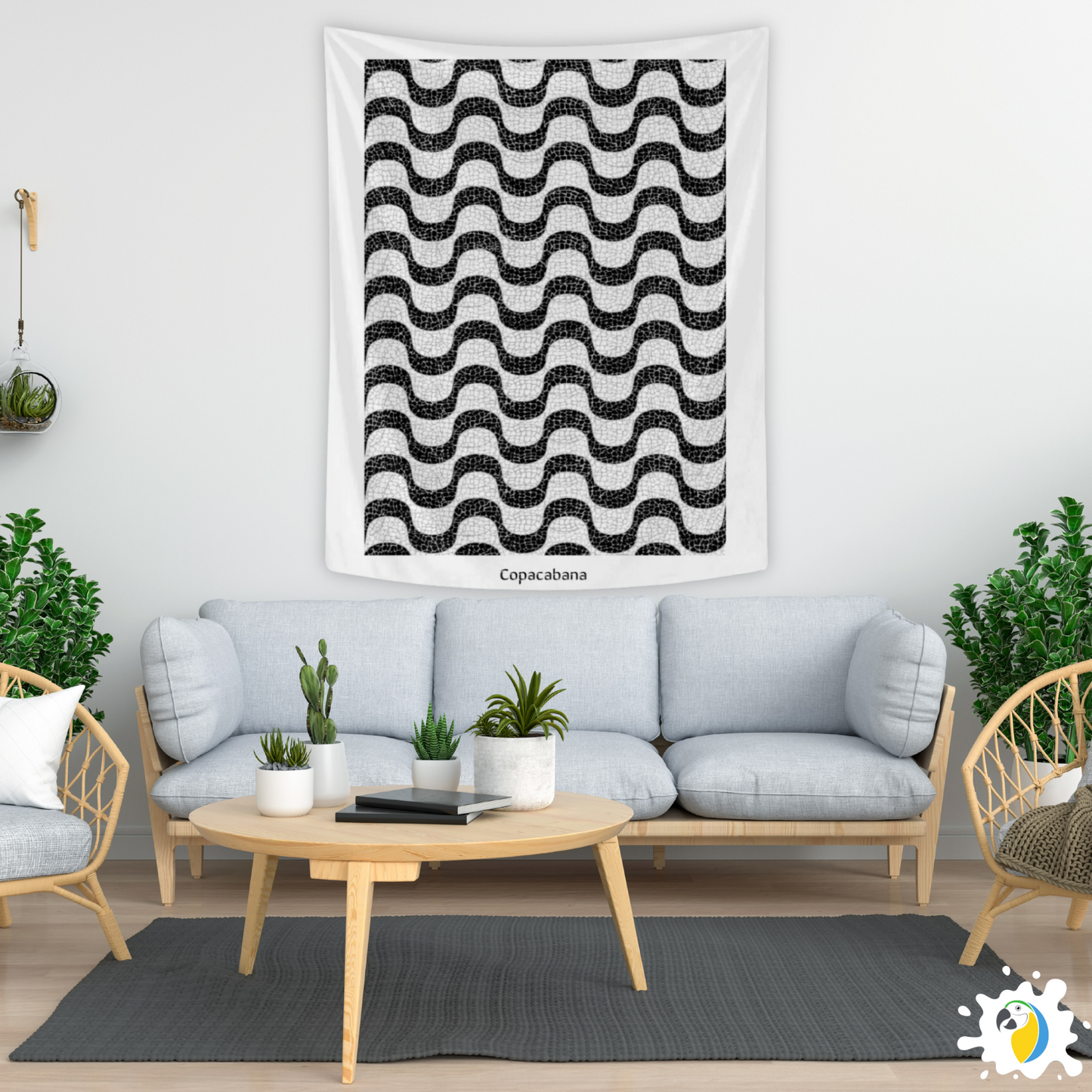 Copacabana Brasil Mosaic Promenade Wall Tapestry • Brazilian Sidewalk Art Design • Iconic Rio De Janeiro Black And White Wave Pattern Wall Hanging