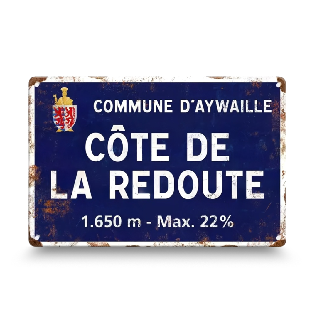 Vintage-style road sign with text and emblem on a blue background