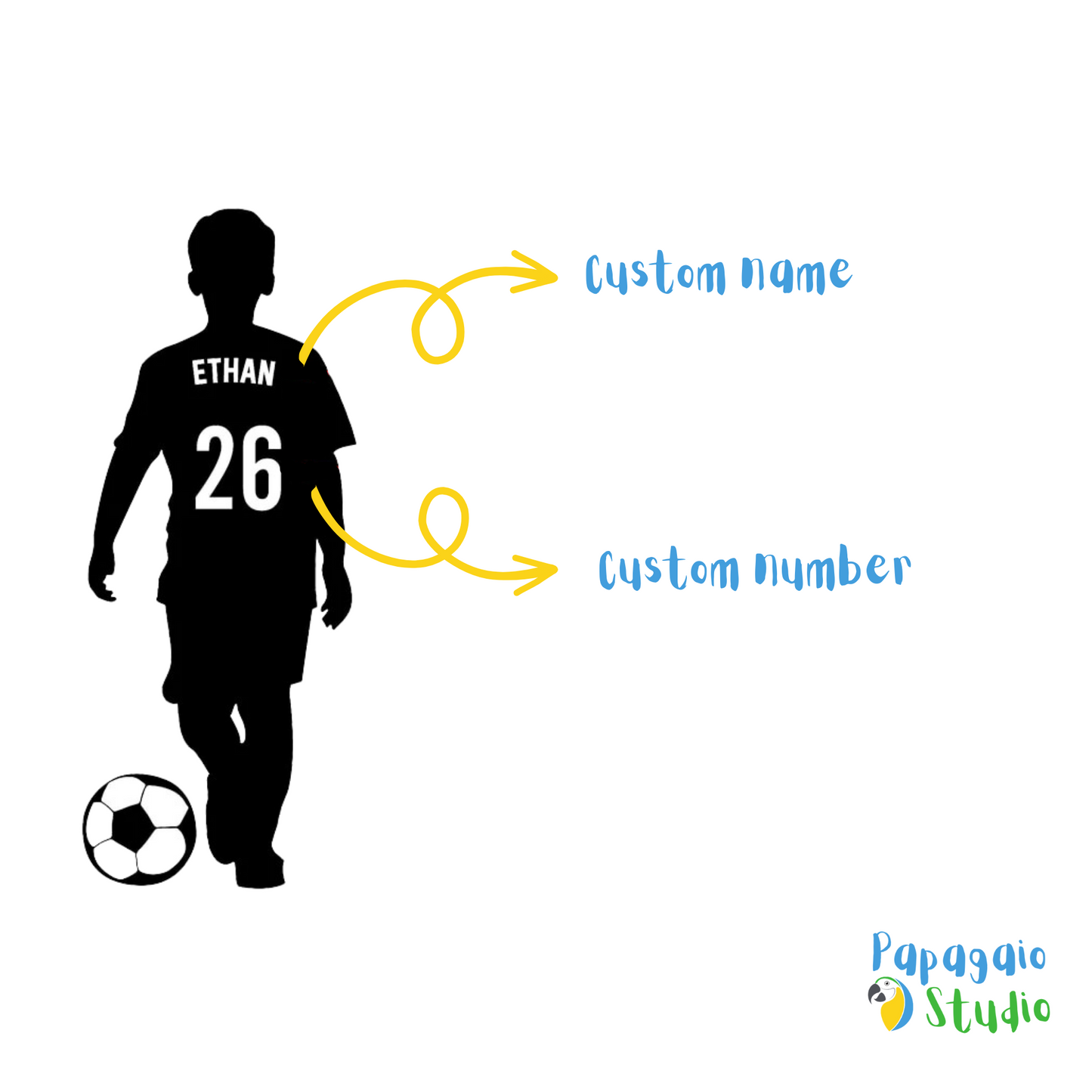 Custom Name and Number Soccer Player Wall Decal | DIY Home Decor For Boys Room | Personalized Sport Football Vinyl Sticker Poster | Papagaio Studio Shop