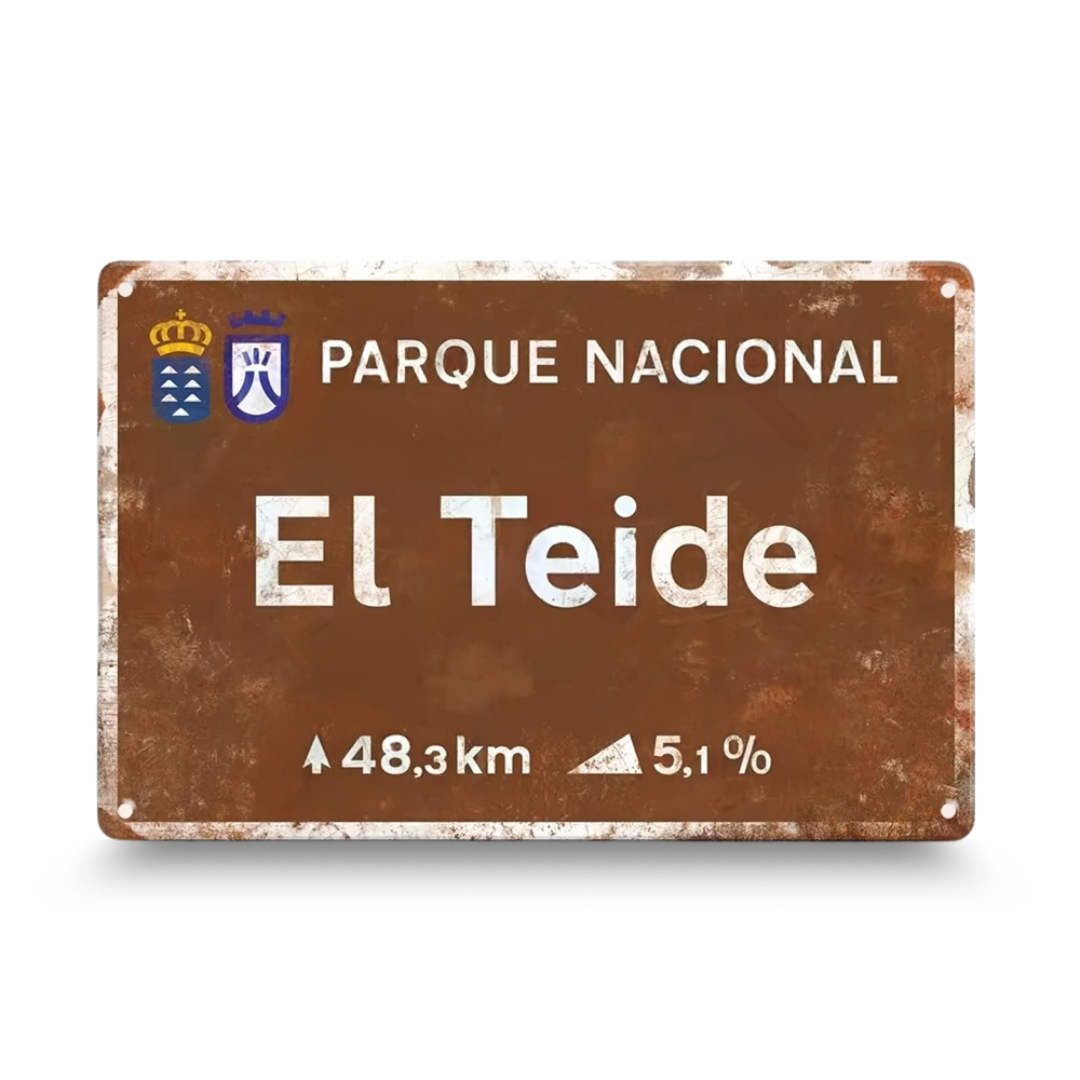Rustic sign for Parque Nacional El Teide with distance and gradient information.