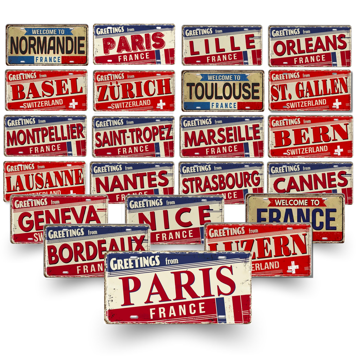 France & Switzerland License Plate Metal Sign • French Swiss City State Province Decorative Plaque Wall Hanging • Euro Trip Gift Souvenir • Papagaio Studio Online Shop