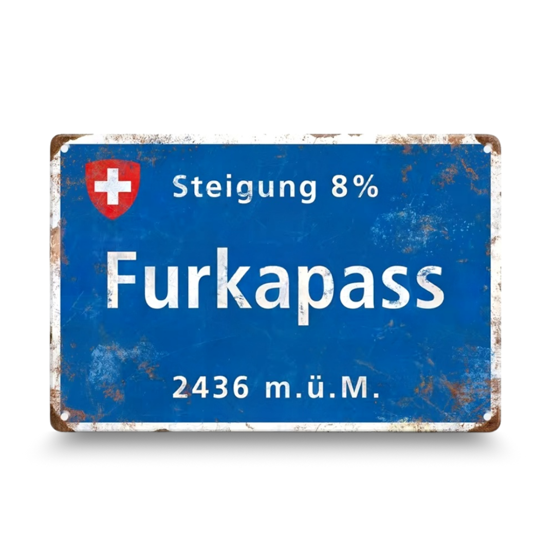 Rustic metal sign with Furkapass information on a white background