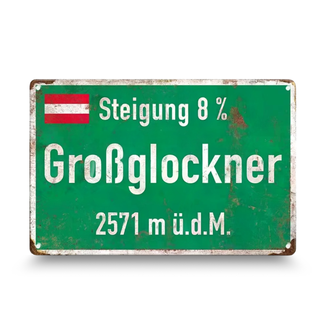 Vintage-style sign with text and a flag on a white background