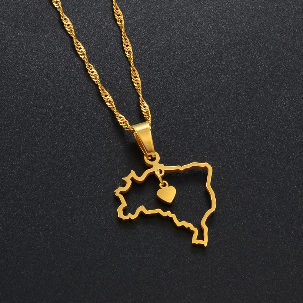Brazil Heart Map Necklace • Dainty Silver Or Gold-Plated Stainless Steel Brasil-Shaped Pendant • Women Jewelry Gift For Brazilian Girlfriend