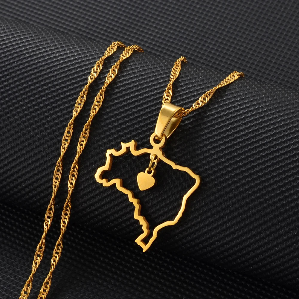 Brazil Heart Map Necklace • Dainty Silver Or Gold-Plated Stainless Steel Brasil-Shaped Pendant • Women Jewelry Gift For Brazilian Girlfriend