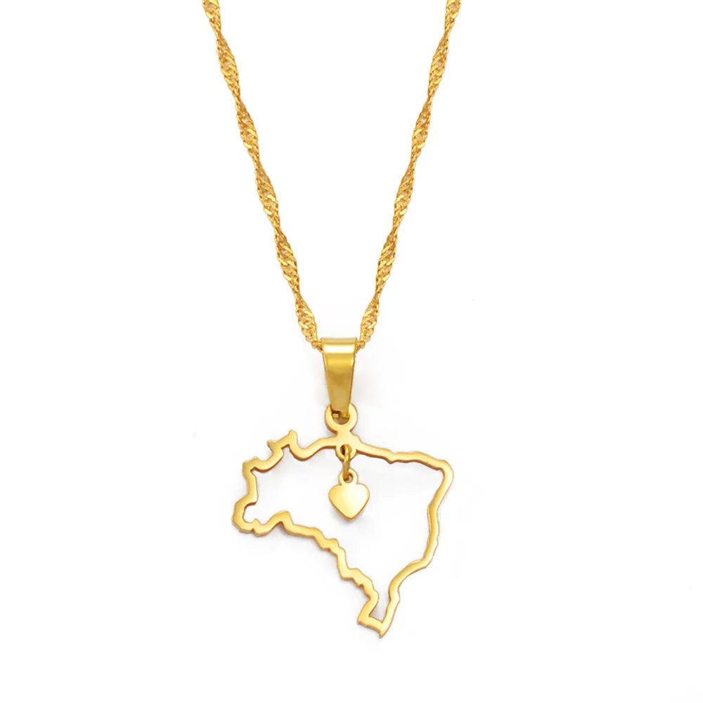 Brazil Heart Map Necklace • Dainty Silver Or Gold-Plated Stainless Steel Brasil-Shaped Pendant • Women Jewelry Gift For Brazilian Girlfriend