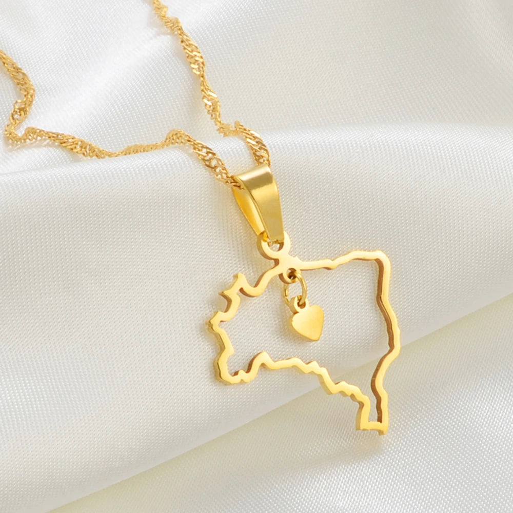 Brazil Heart Map Necklace • Dainty Silver Or Gold-Plated Stainless Steel Brasil-Shaped Pendant • Women Jewelry Gift For Brazilian Girlfriend