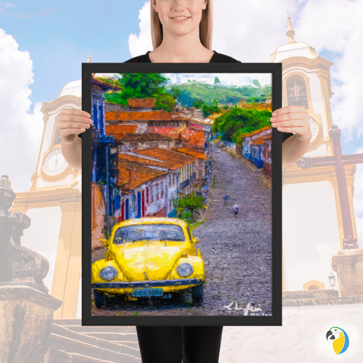 Minas Gerais Impressionist Painting • Sabará, MG - Brazil Countryside Village Wall Art • Yellow VW Beetle Framed Giclée Poster • Papagaio Studio Shop