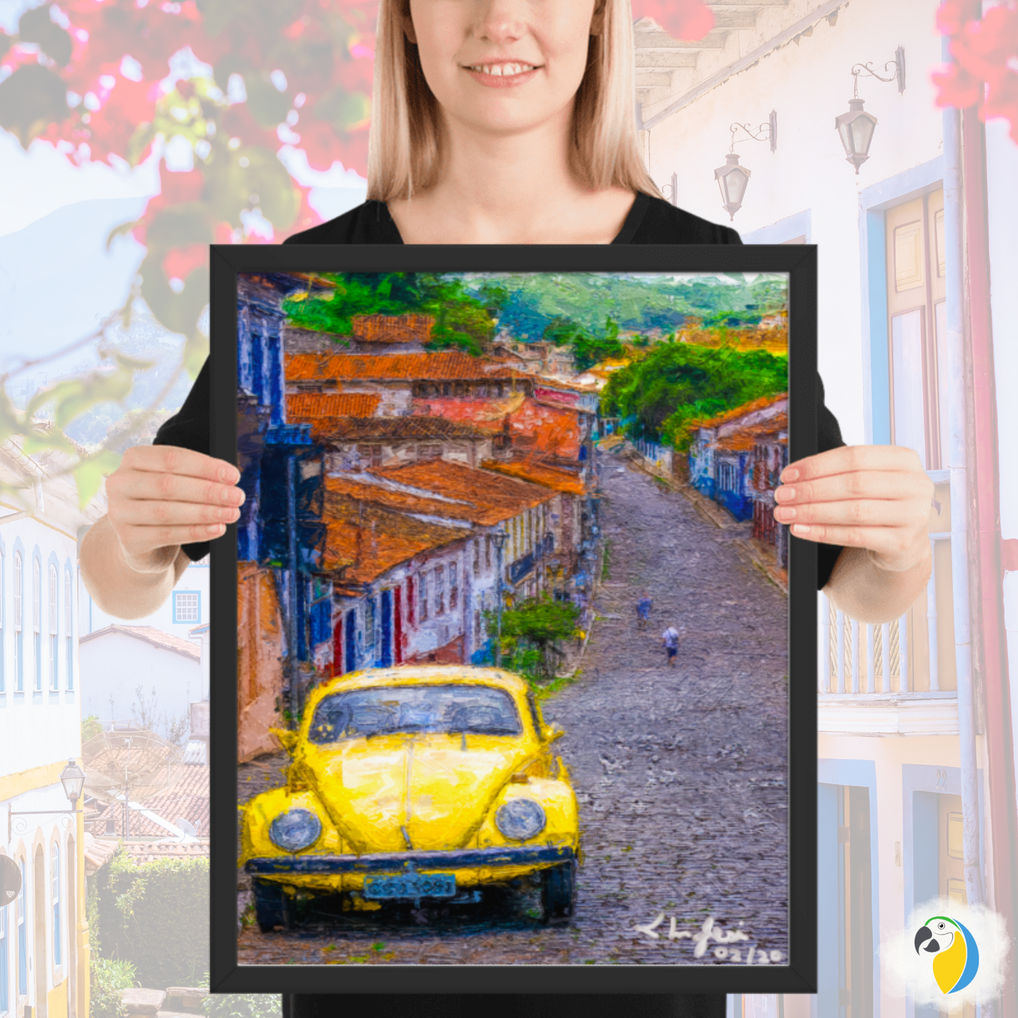 Minas Gerais Impressionist Painting • Sabará, MG - Brazil Countryside Village Wall Art • Yellow VW Beetle Framed Giclée Poster • Papagaio Studio Shop