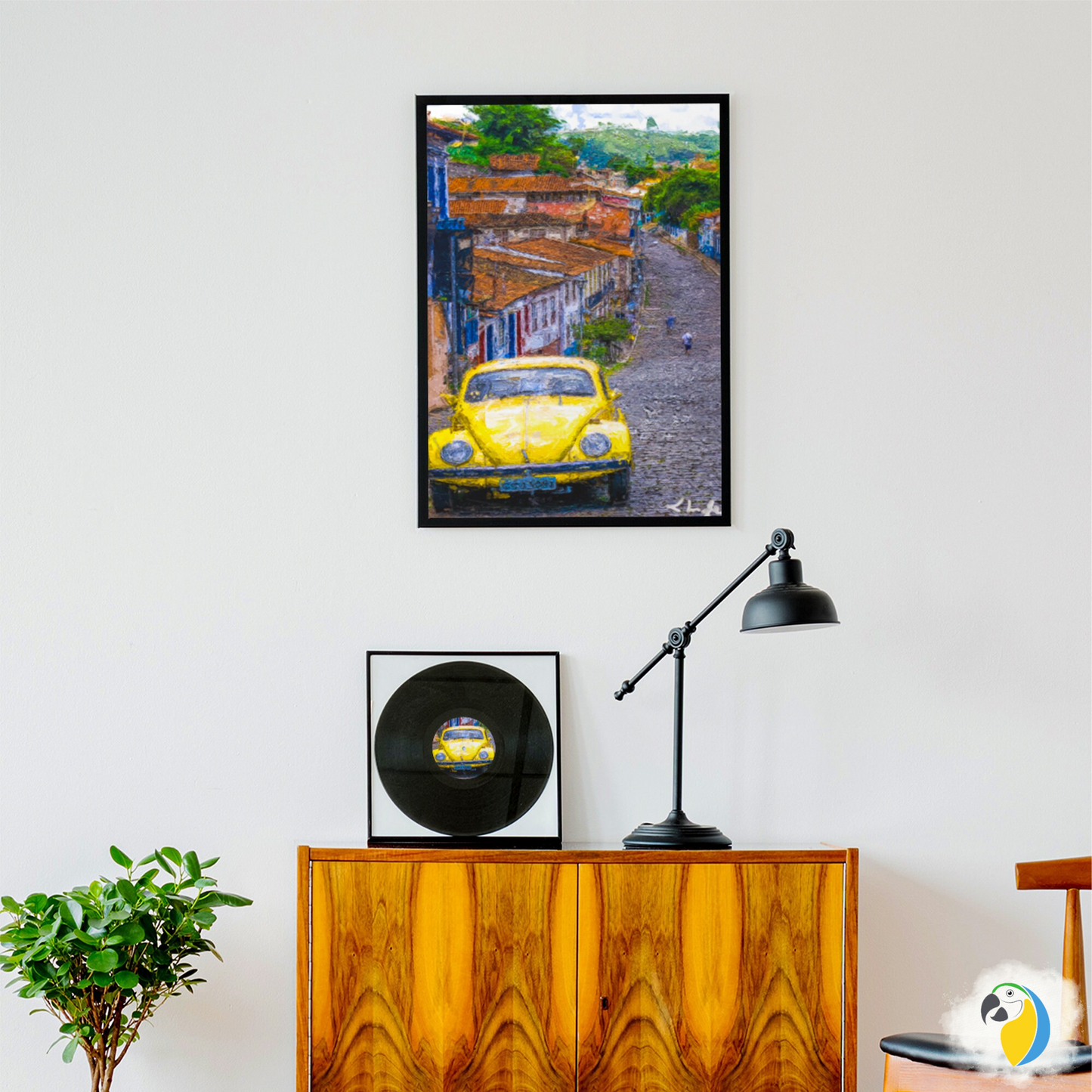 Minas Gerais Impressionist Painting • Sabará, MG - Brazil Countryside Village Wall Art • Yellow VW Beetle Framed Giclée Poster • Papagaio Studio Shop