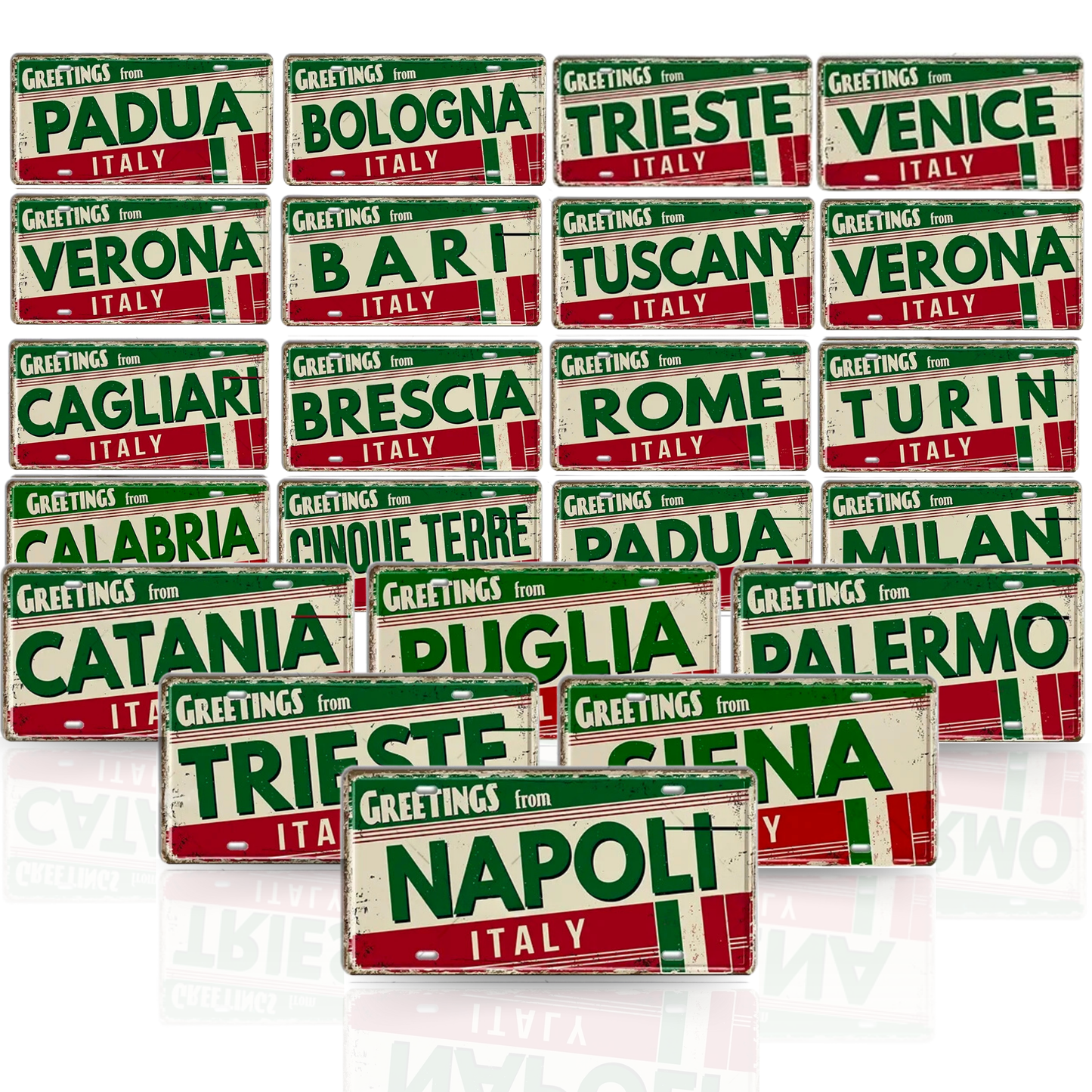 Italy City License Plate • Greetings From Italian Cities Metal Print • European Landmark Tin Sign • Eurotrip Souvenir Retro Decor Plaque • Papagaio Studio Tin Sign Shop