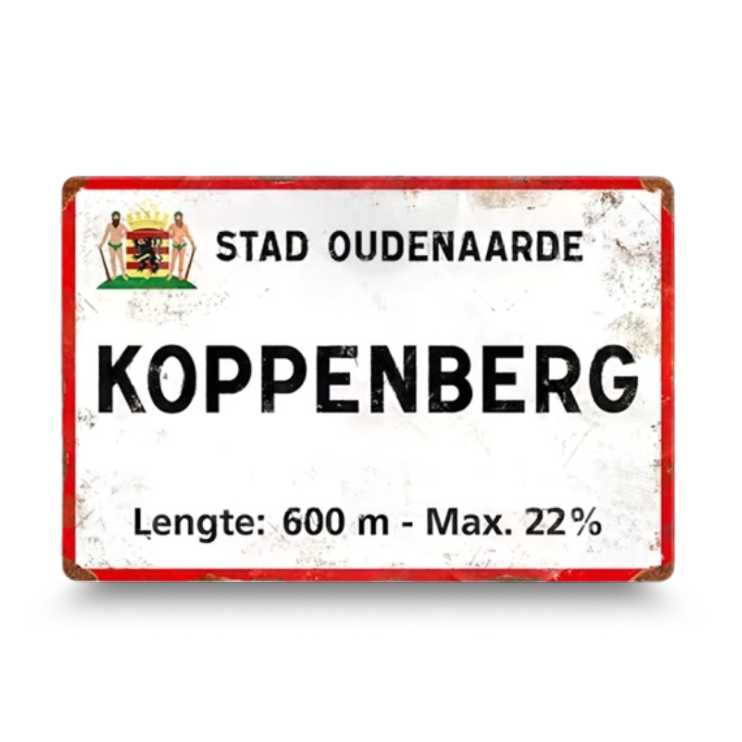 Vintage-style sign with text 'STAD OUDENAARDE KOPPENBERG' and additional information on a white background.