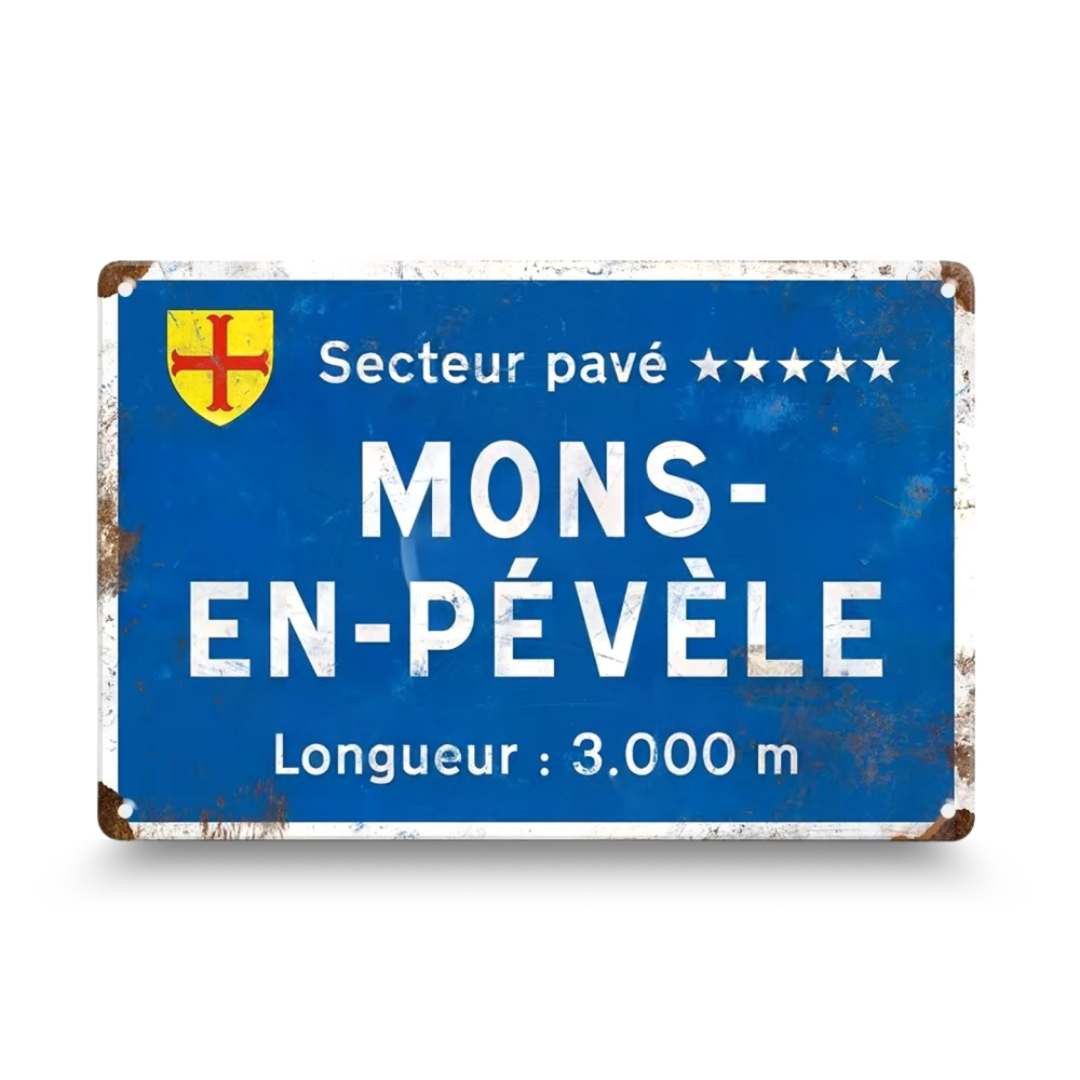 Vintage-style road sign with text and a coat of arms on a blue background