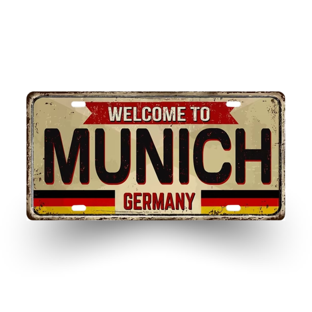 Vintage-style sign with 'Welcome to Munich, Germany' text on a white background