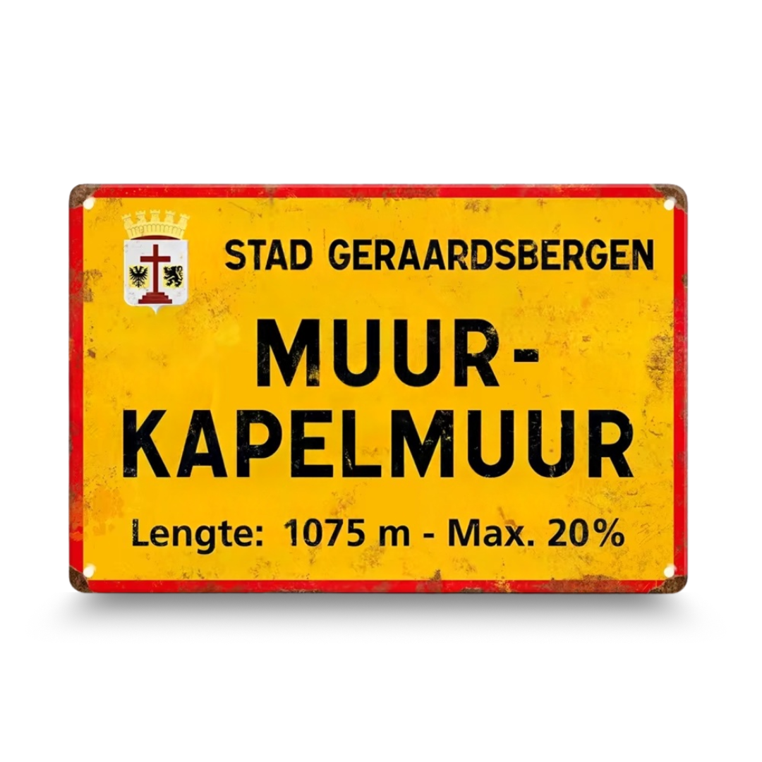 Vintage-style sign with text and a logo on a white background