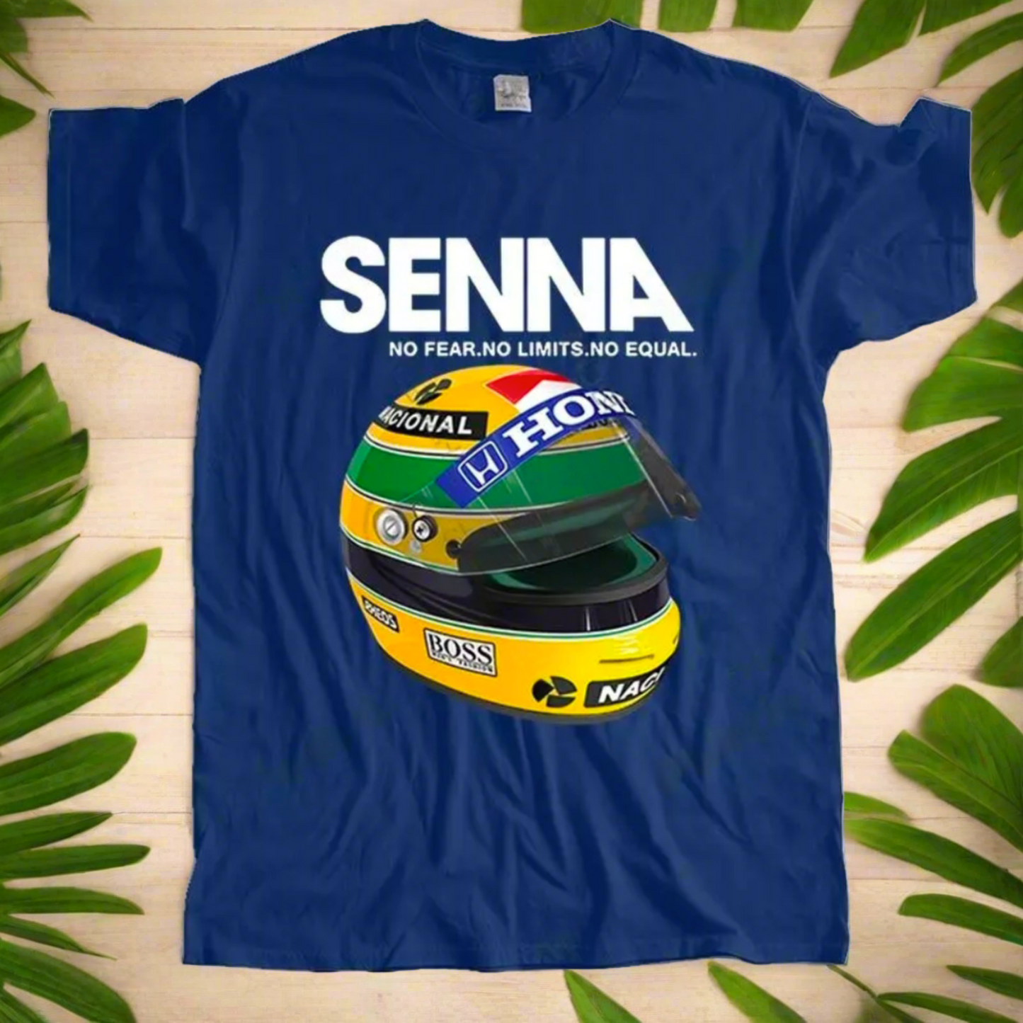 Ayrton Senna F1 Racer Yellow Helmet T-Shirt • Mens Crew Neck Brazil Racing Sports Fan Gift • Tee Apparel For Brazilian Formula One Fanatic • Papagaio Studio Apparel