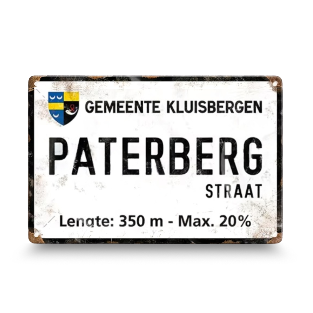 Vintage-style street sign with text and a coat of arms on a white background