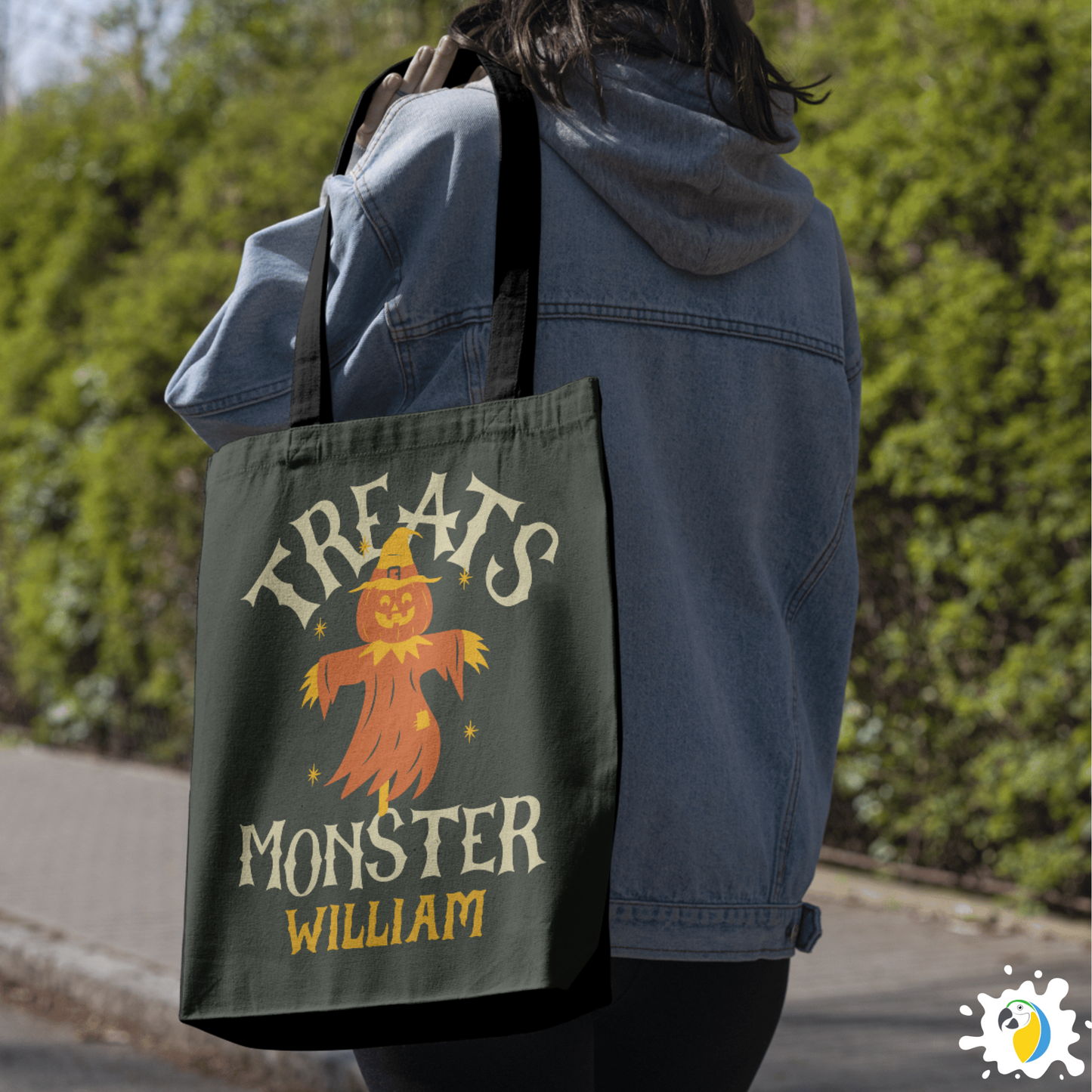 Personalized Halloween Tote Bag • Custom Name Treats Monster Large Size Bag For Kids • Jack O'Lantern Trick Or Treating Accessory • Papagaio Studio Design Shop