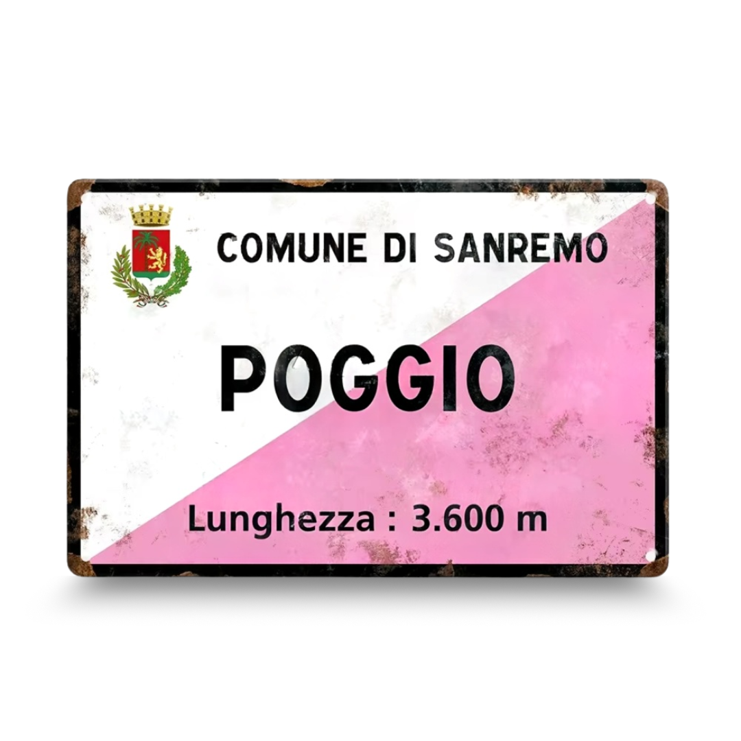 Vintage-style sign with 'Comune di Sanremo Poggio' text and pink triangle on a white background