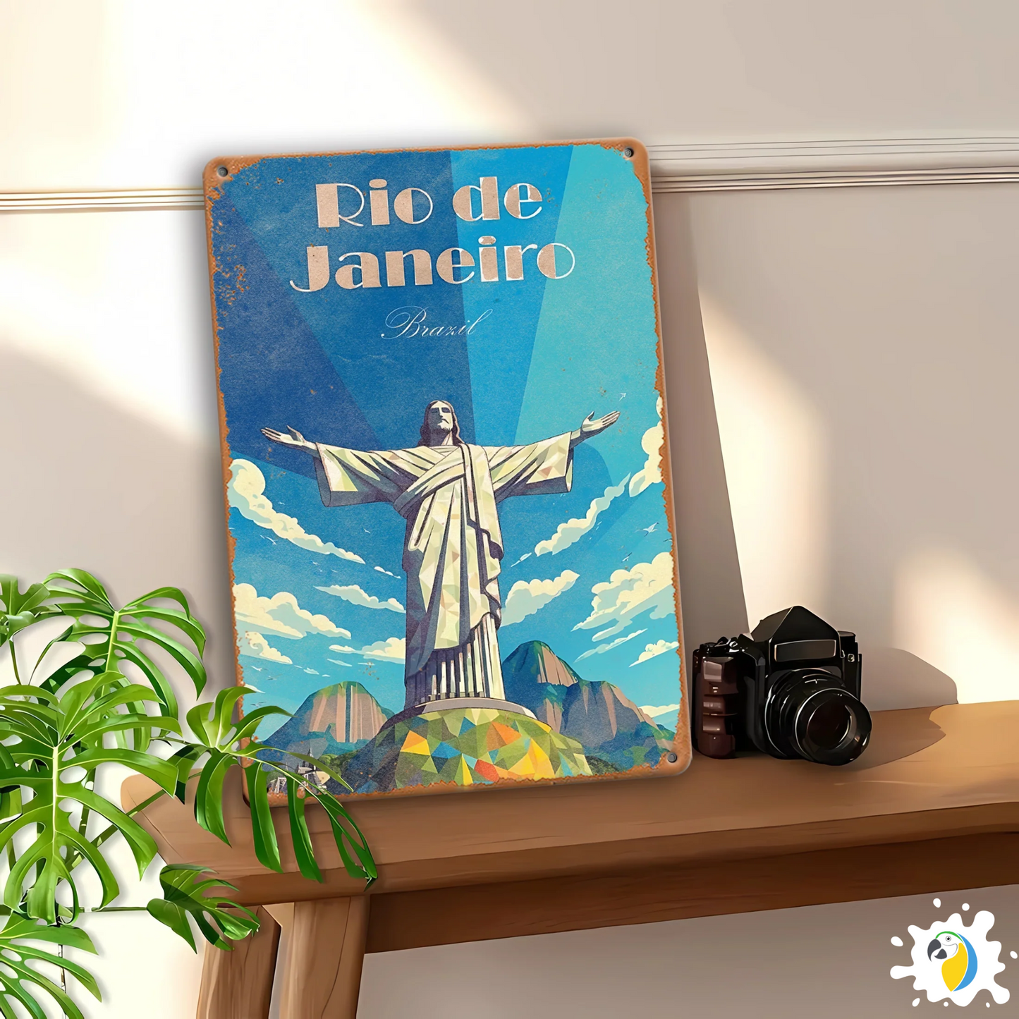 Rio de Janeiro Brazil Metal Print • Brazilian Christ Redeemer Vintage Tin Sign • South America Trip Travel Poster • Traveler Souvenir Gift • Papagaio Studio Shop