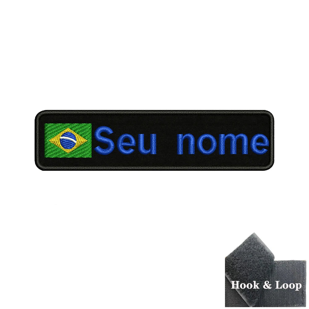 Brazilian Flag Custom Name Patch 10x2.5cm • Personal Brazil Name Tag Iron-On Hook-Loop Embroidery Stripe Armband Badge For DIY Customization • Papagaio Studio Shop