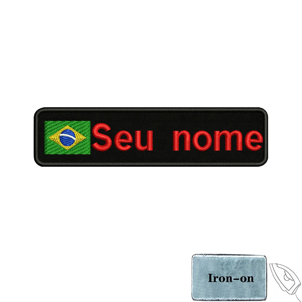 Brazilian Flag Custom Name Patch 10x2.5cm • Personal Brazil Name Tag Iron-On Hook-Loop Embroidery Stripe Armband Badge For DIY Customization • Papagaio Studio Shop
