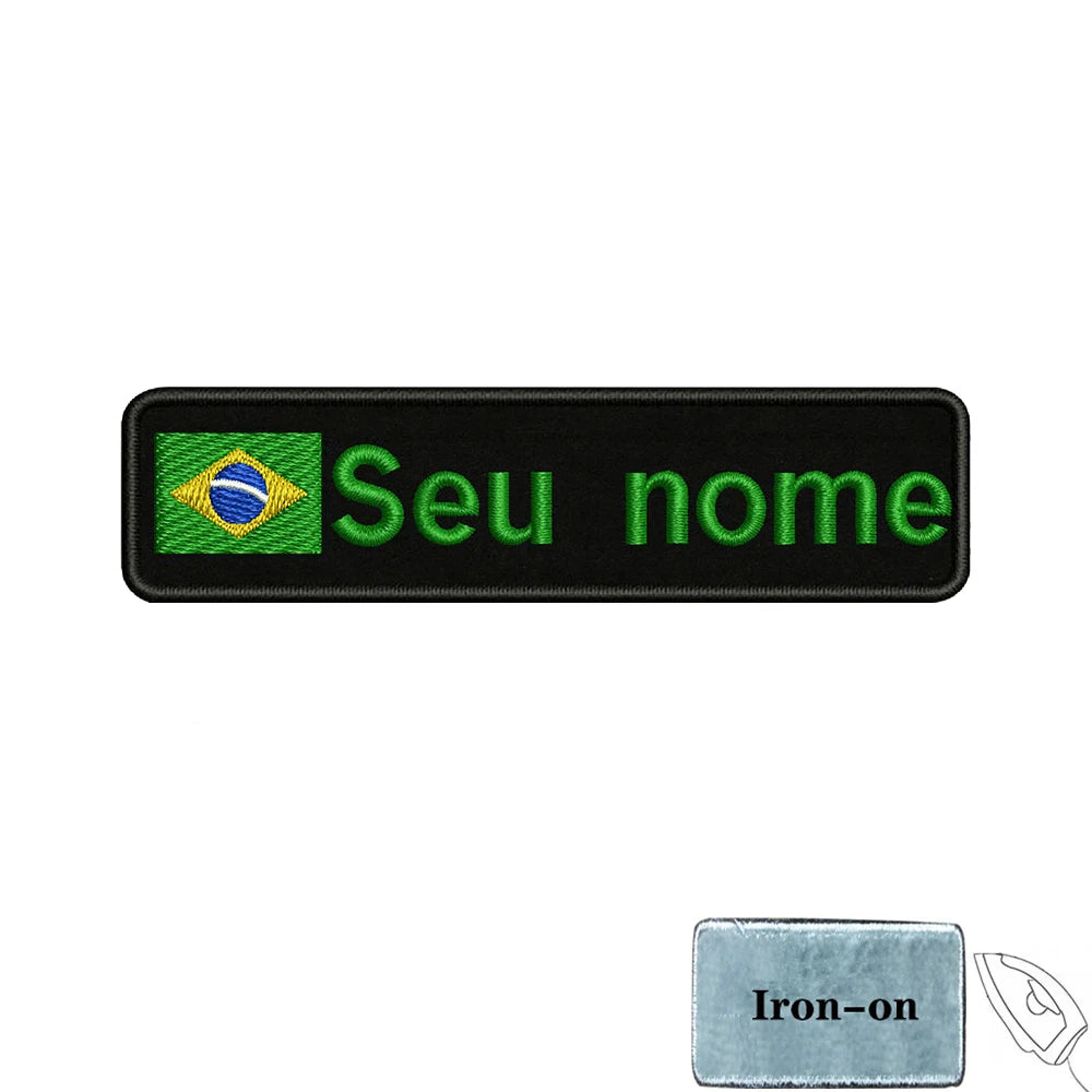 Brazilian Flag Custom Name Patch 10x2.5cm • Personal Brazil Name Tag Iron-On Hook-Loop Embroidery Stripe Armband Badge For DIY Customization • Papagaio Studio Shop