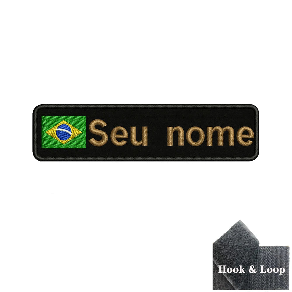 Brazilian Flag Custom Name Patch 10x2.5cm • Personal Brazil Name Tag Iron-On Hook-Loop Embroidery Stripe Armband Badge For DIY Customization • Papagaio Studio Shop