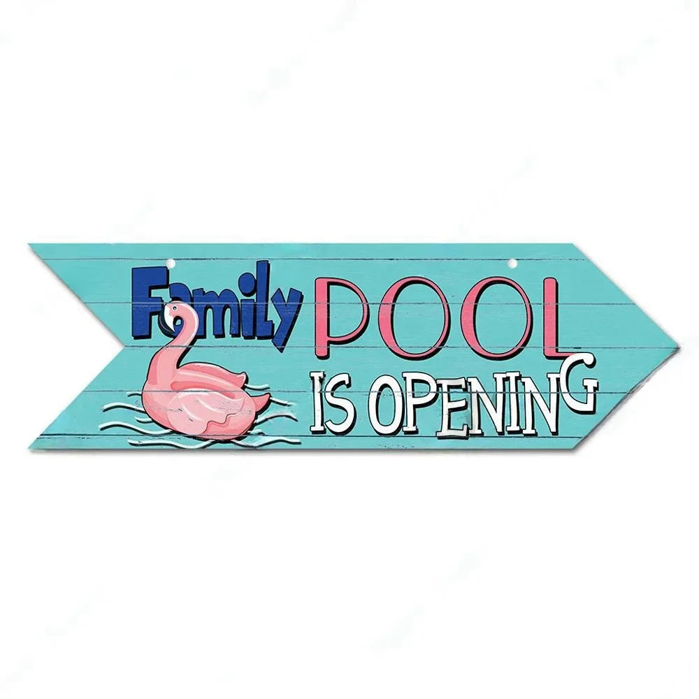 Retro Swimming Pool Wood Sign • Summer Arrow Wooden Sign Wall Hanging • Tropical Beach House Decor For Family Swimming Pool Area • Papagaio Studio Design Shop