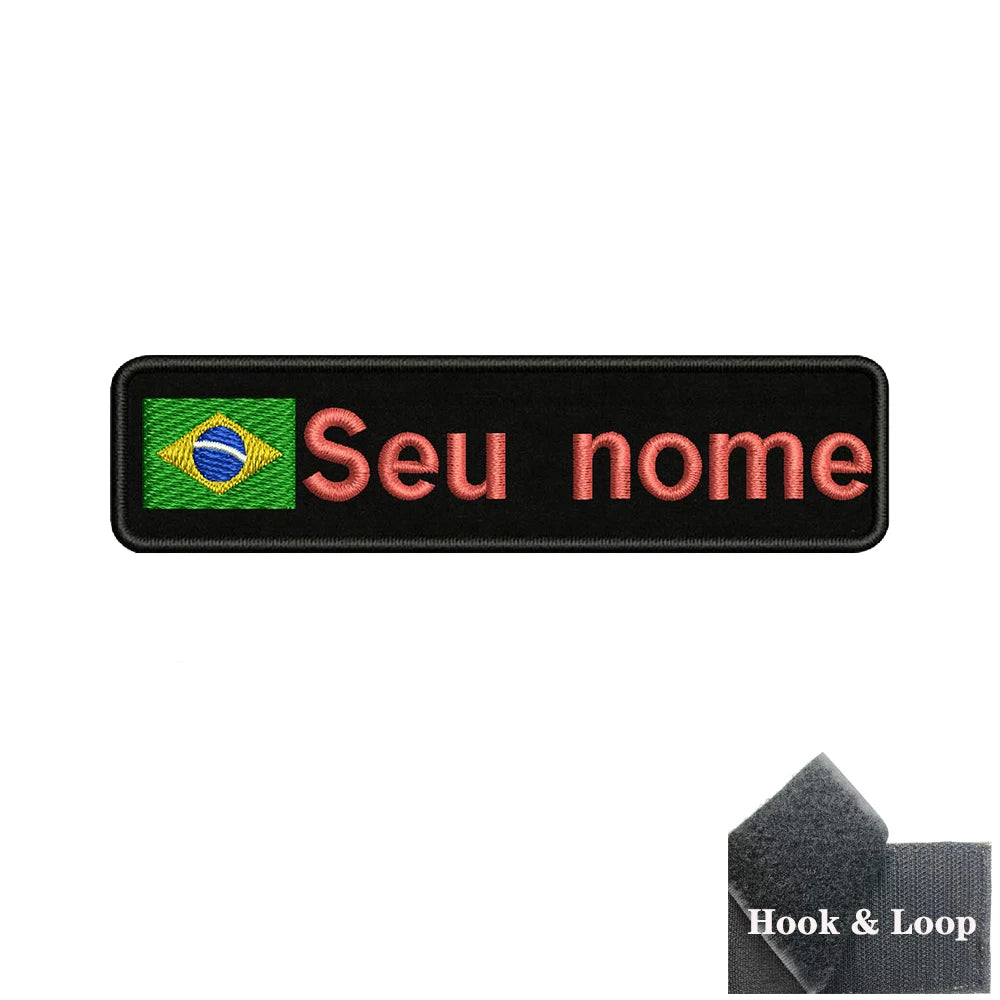 Brazilian Flag Custom Name Patch 10x2.5cm • Personal Brazil Name Tag Iron-On Hook-Loop Embroidery Stripe Armband Badge For DIY Customization • Papagaio Studio Shop