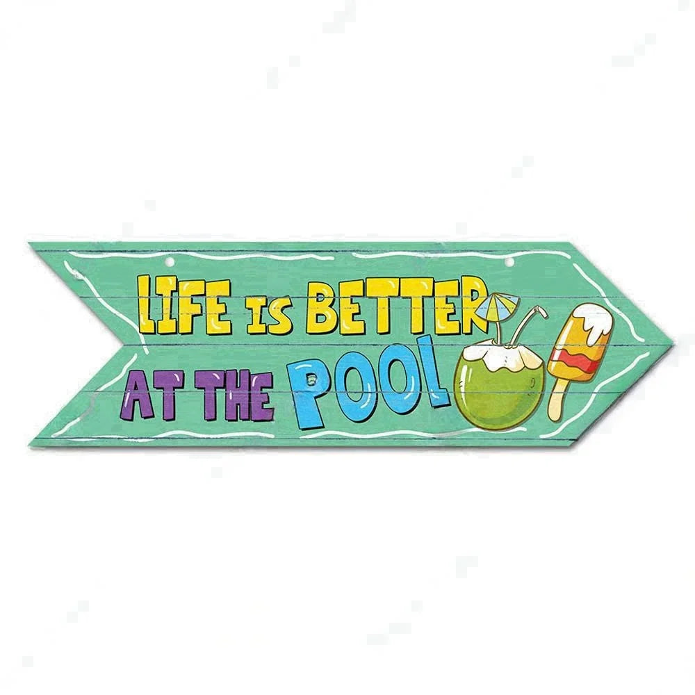 Retro Swimming Pool Wood Sign • Summer Arrow Wooden Sign Wall Hanging • Tropical Beach House Decor For Family Swimming Pool Area • Papagaio Studio Design Shop
