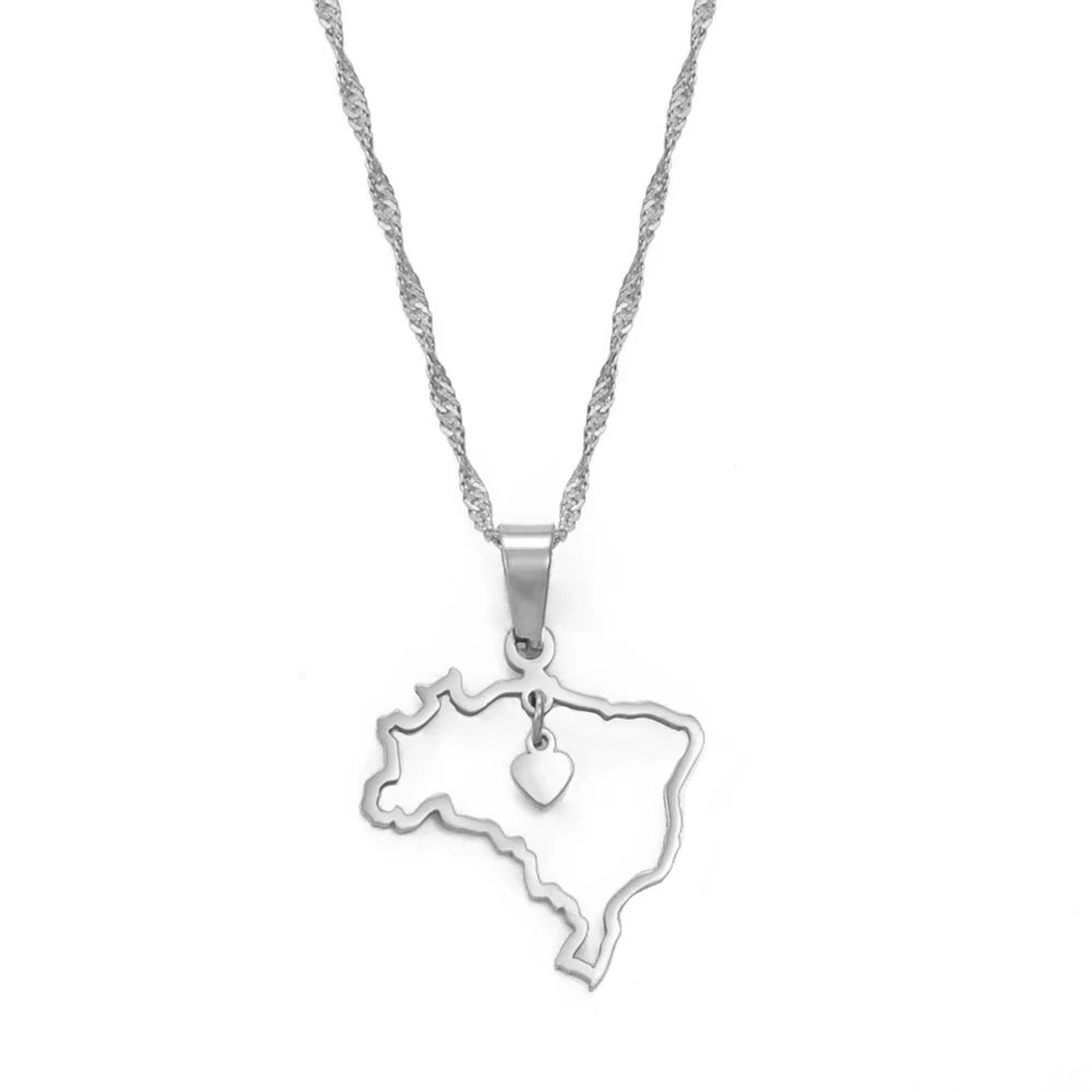 Brazil Heart Map Necklace • Dainty Silver Or Gold-Plated Stainless Steel Brasil-Shaped Pendant • Women Jewelry Gift For Brazilian Girlfriend