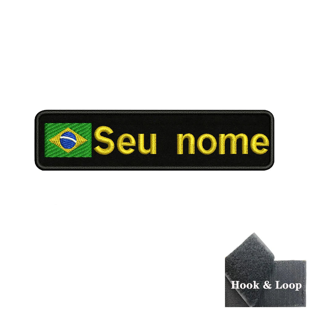 Brazilian Flag Custom Name Patch 10x2.5cm • Personal Brazil Name Tag Iron-On Hook-Loop Embroidery Stripe Armband Badge For DIY Customization • Papagaio Studio Shop