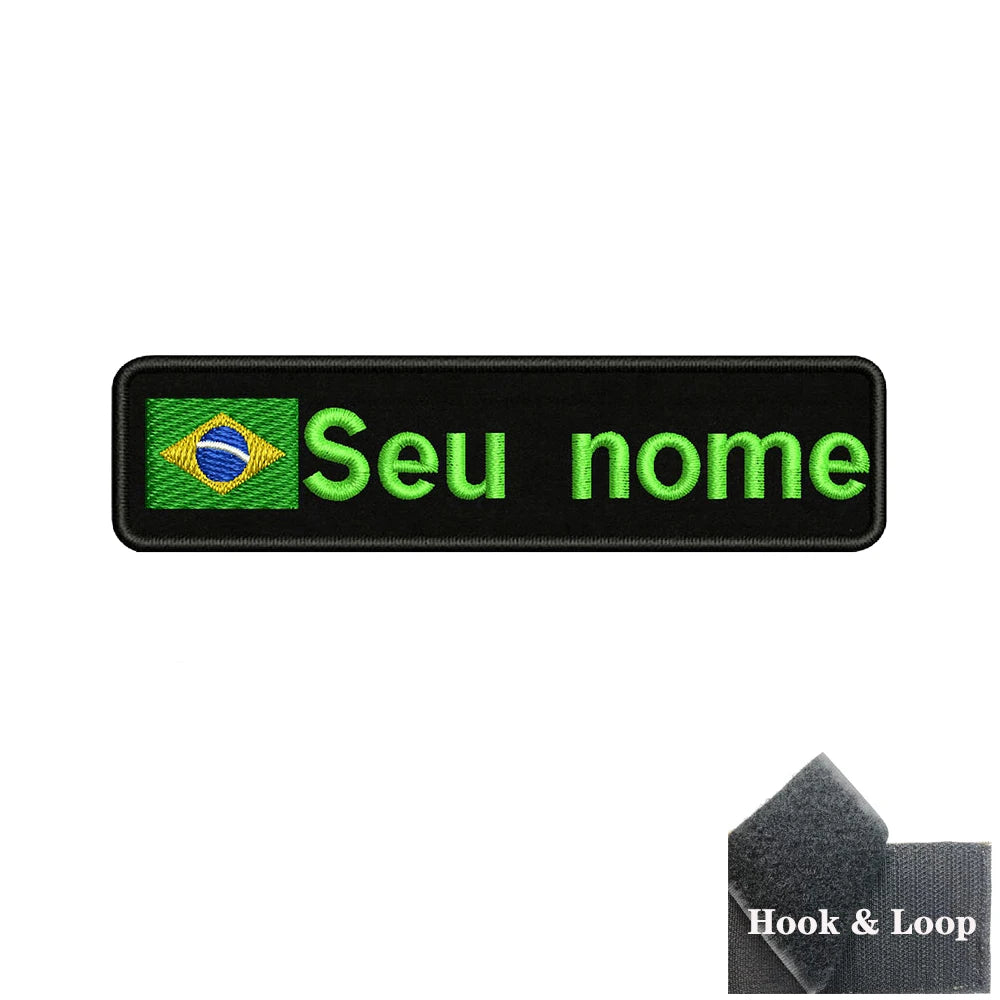 Brazilian Flag Custom Name Patch 10x2.5cm • Personal Brazil Name Tag Iron-On Hook-Loop Embroidery Stripe Armband Badge For DIY Customization • Papagaio Studio Shop