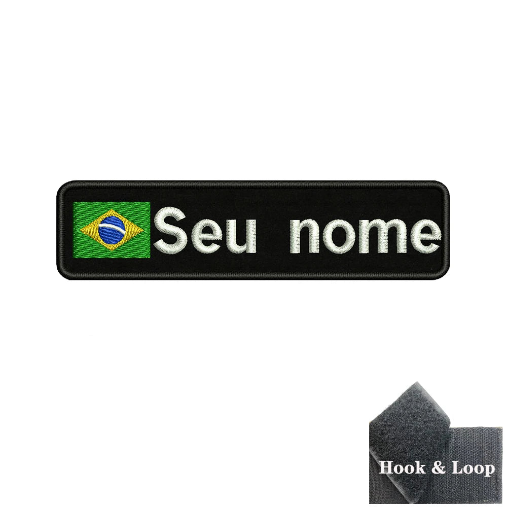 Brazilian Flag Custom Name Patch 10x2.5cm • Personal Brazil Name Tag Iron-On Hook-Loop Embroidery Stripe Armband Badge For DIY Customization • Papagaio Studio Shop