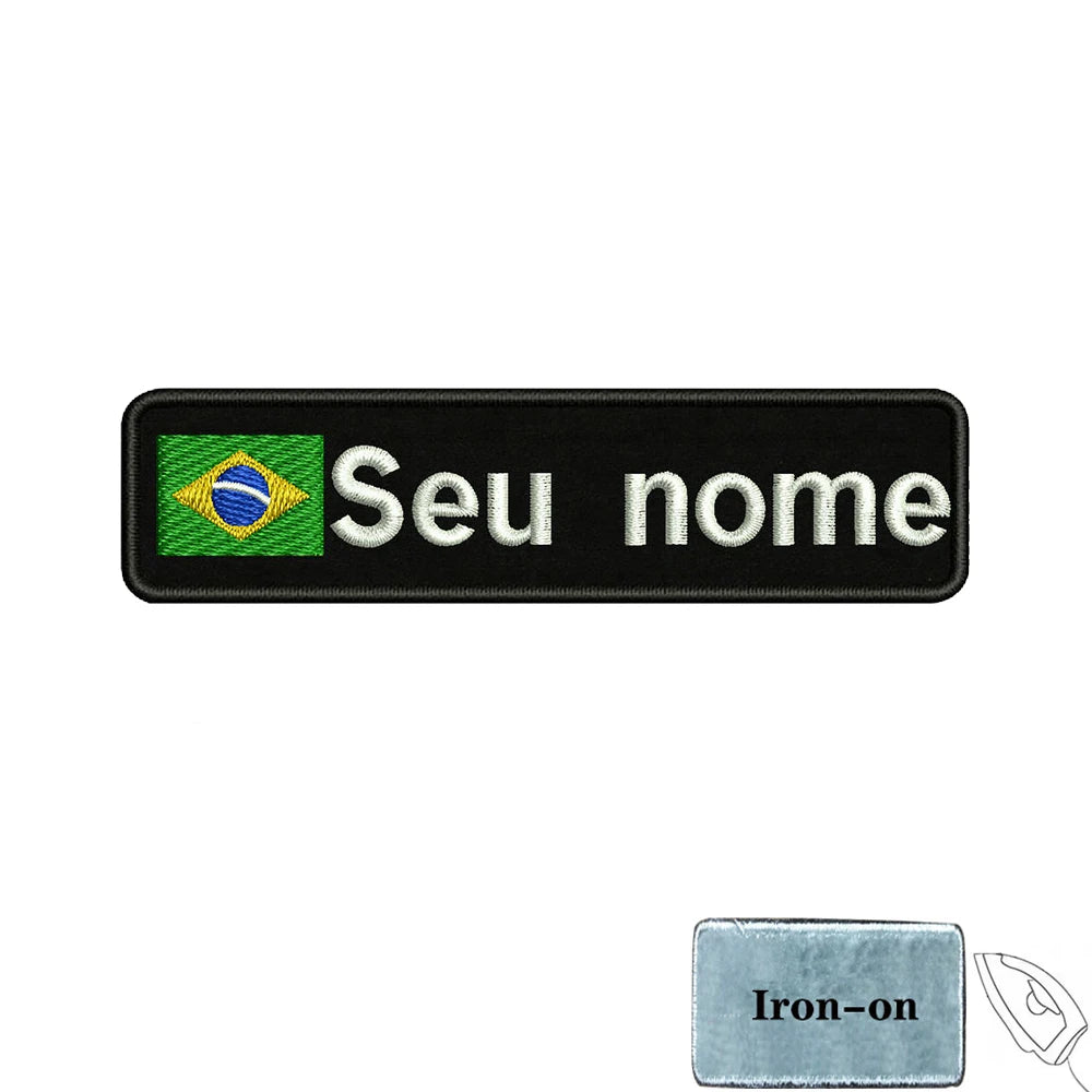 Brazilian Flag Custom Name Patch 10x2.5cm • Personal Brazil Name Tag Iron-On Hook-Loop Embroidery Stripe Armband Badge For DIY Customization • Papagaio Studio Shop