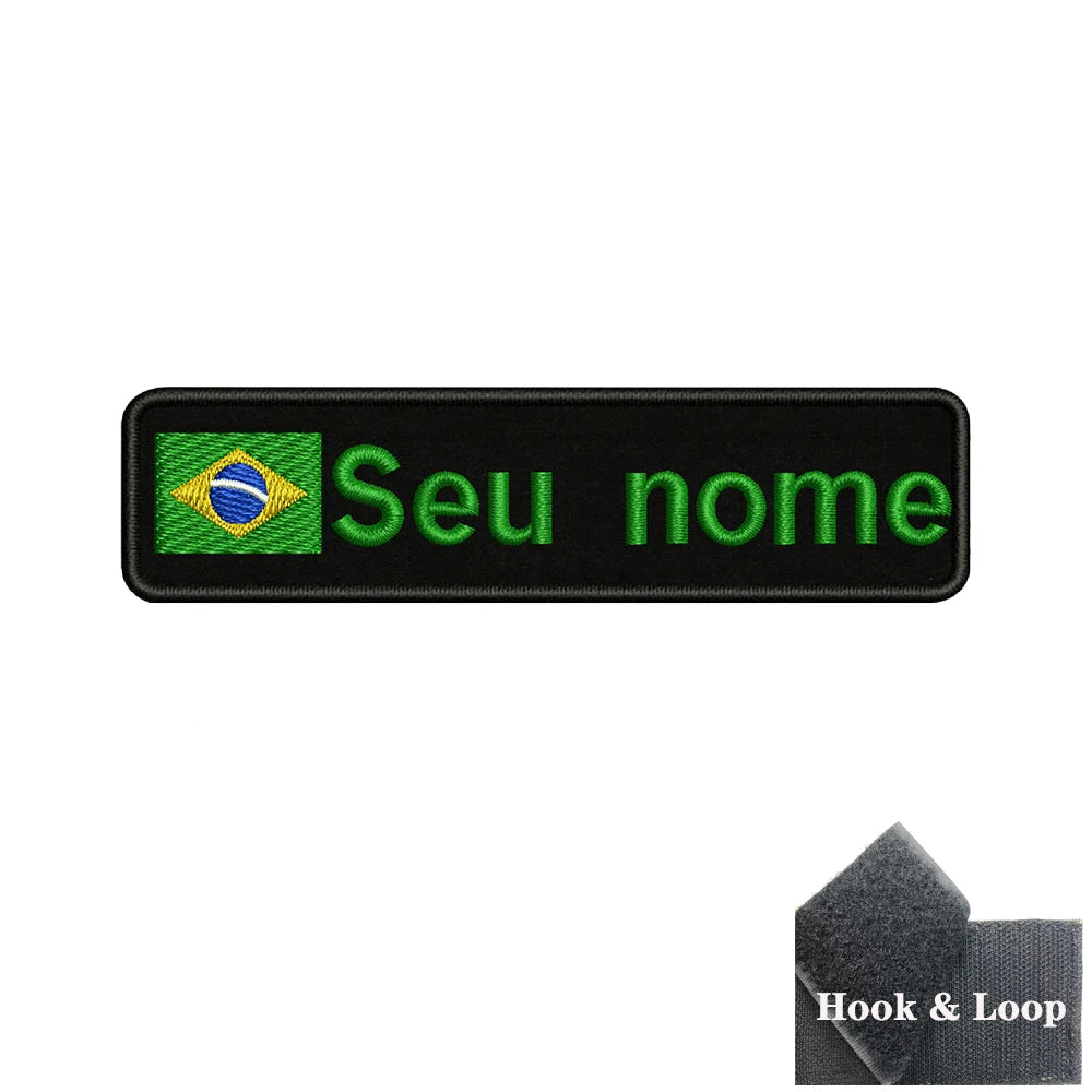 Brazilian Flag Custom Name Patch 10x2.5cm • Personal Brazil Name Tag Iron-On Hook-Loop Embroidery Stripe Armband Badge For DIY Customization • Papagaio Studio Shop