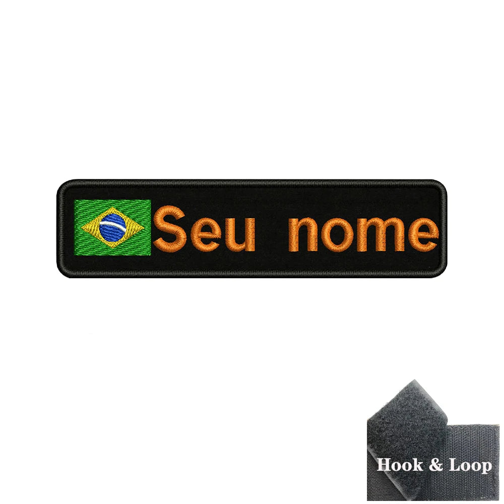 Brazilian Flag Custom Name Patch 10x2.5cm • Personal Brazil Name Tag Iron-On Hook-Loop Embroidery Stripe Armband Badge For DIY Customization • Papagaio Studio Shop