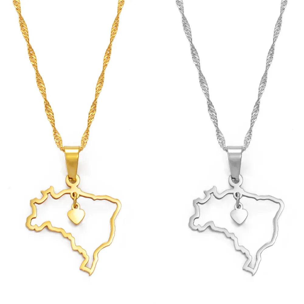 Brazil Heart Map Necklace • Dainty Silver Or Gold-Plated Stainless Steel Brasil-Shaped Pendant • Women Jewelry Gift For Brazilian Girlfriend