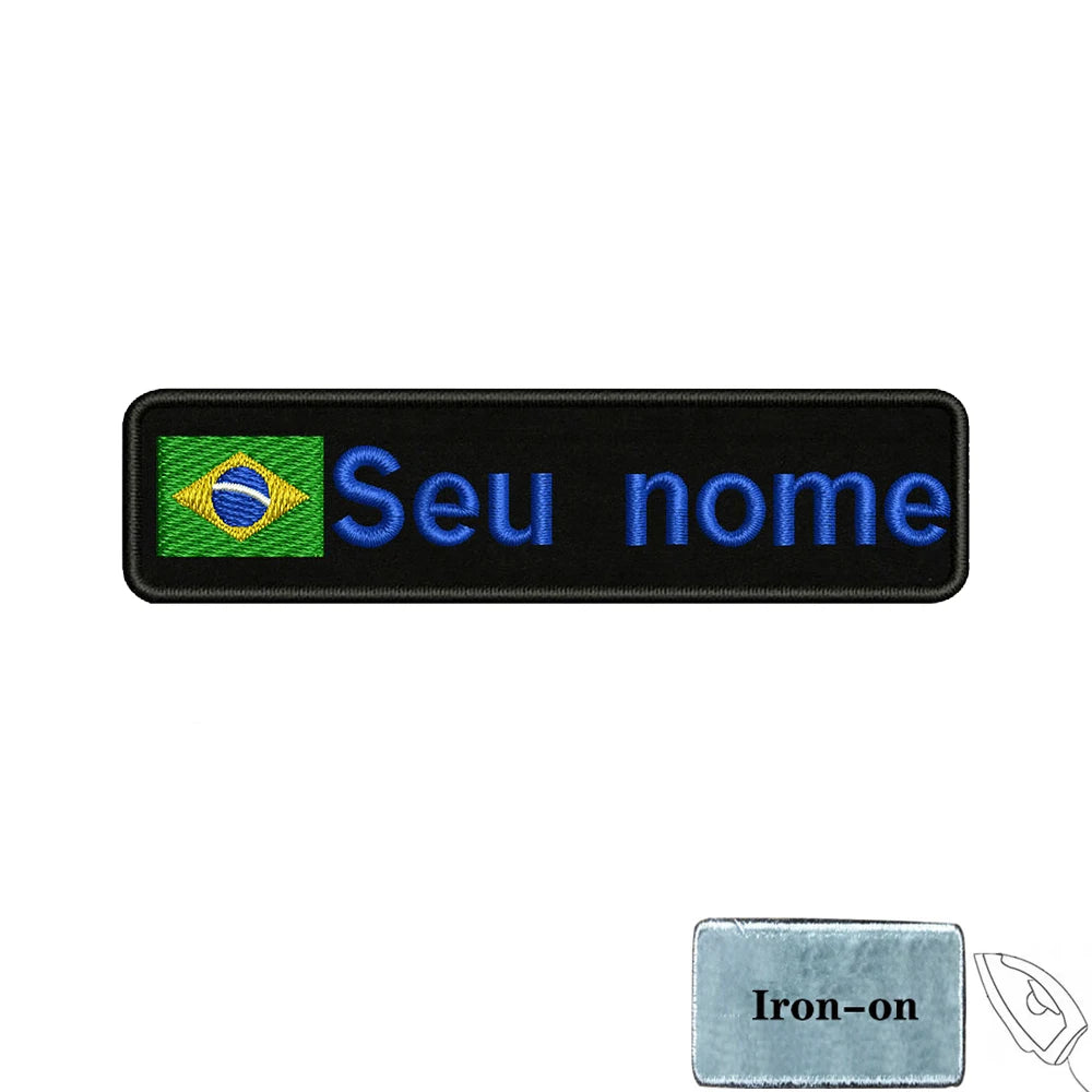 Brazilian Flag Custom Name Patch 10x2.5cm • Personal Brazil Name Tag Iron-On Hook-Loop Embroidery Stripe Armband Badge For DIY Customization • Papagaio Studio Shop