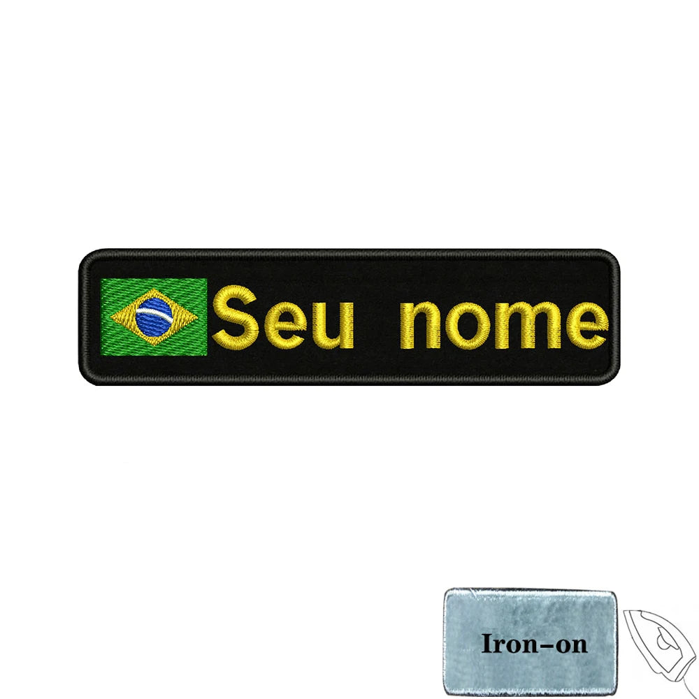 Brazilian Flag Custom Name Patch 10x2.5cm • Personal Brazil Name Tag Iron-On Hook-Loop Embroidery Stripe Armband Badge For DIY Customization • Papagaio Studio Shop