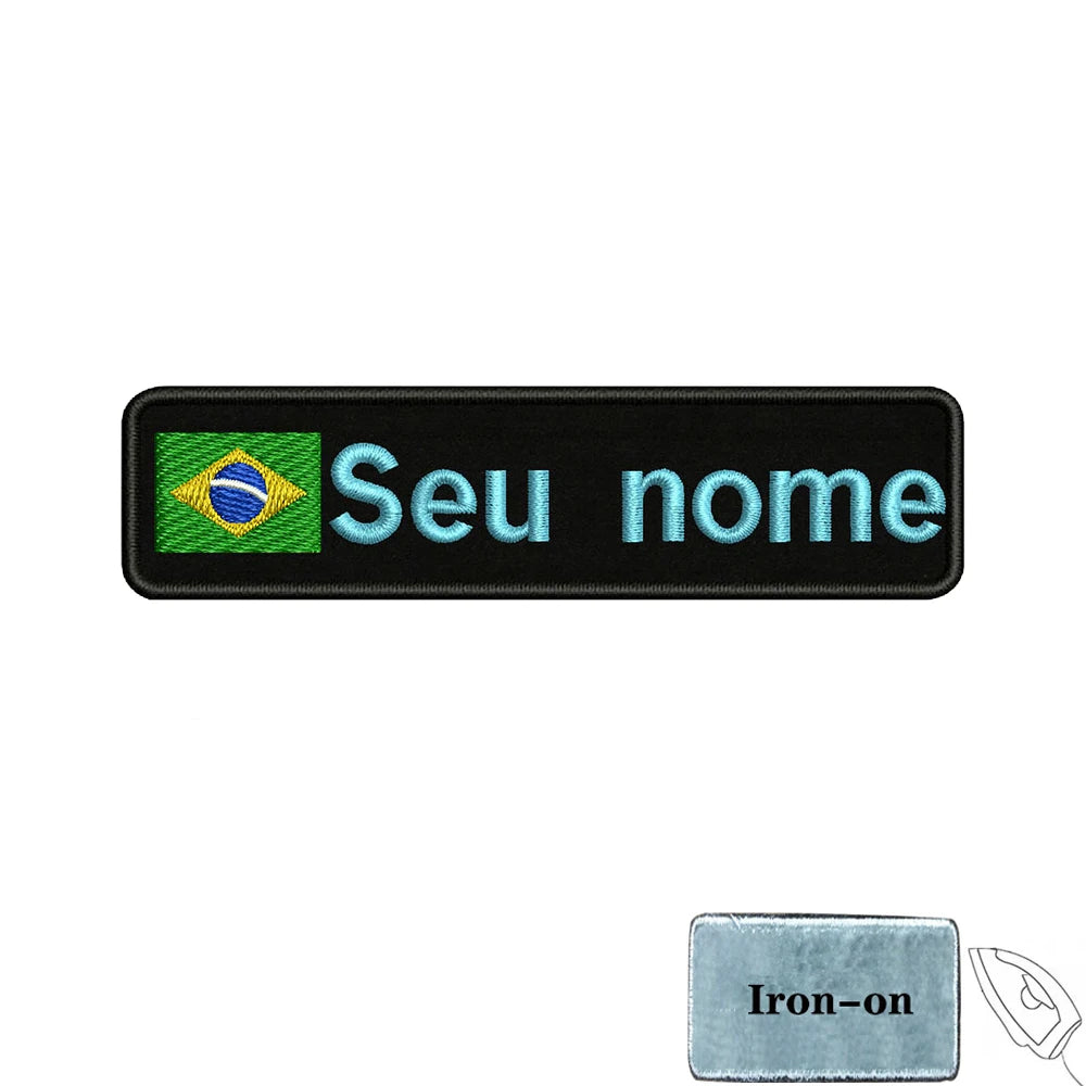 Brazilian Flag Custom Name Patch 10x2.5cm • Personal Brazil Name Tag Iron-On Hook-Loop Embroidery Stripe Armband Badge For DIY Customization • Papagaio Studio Shop