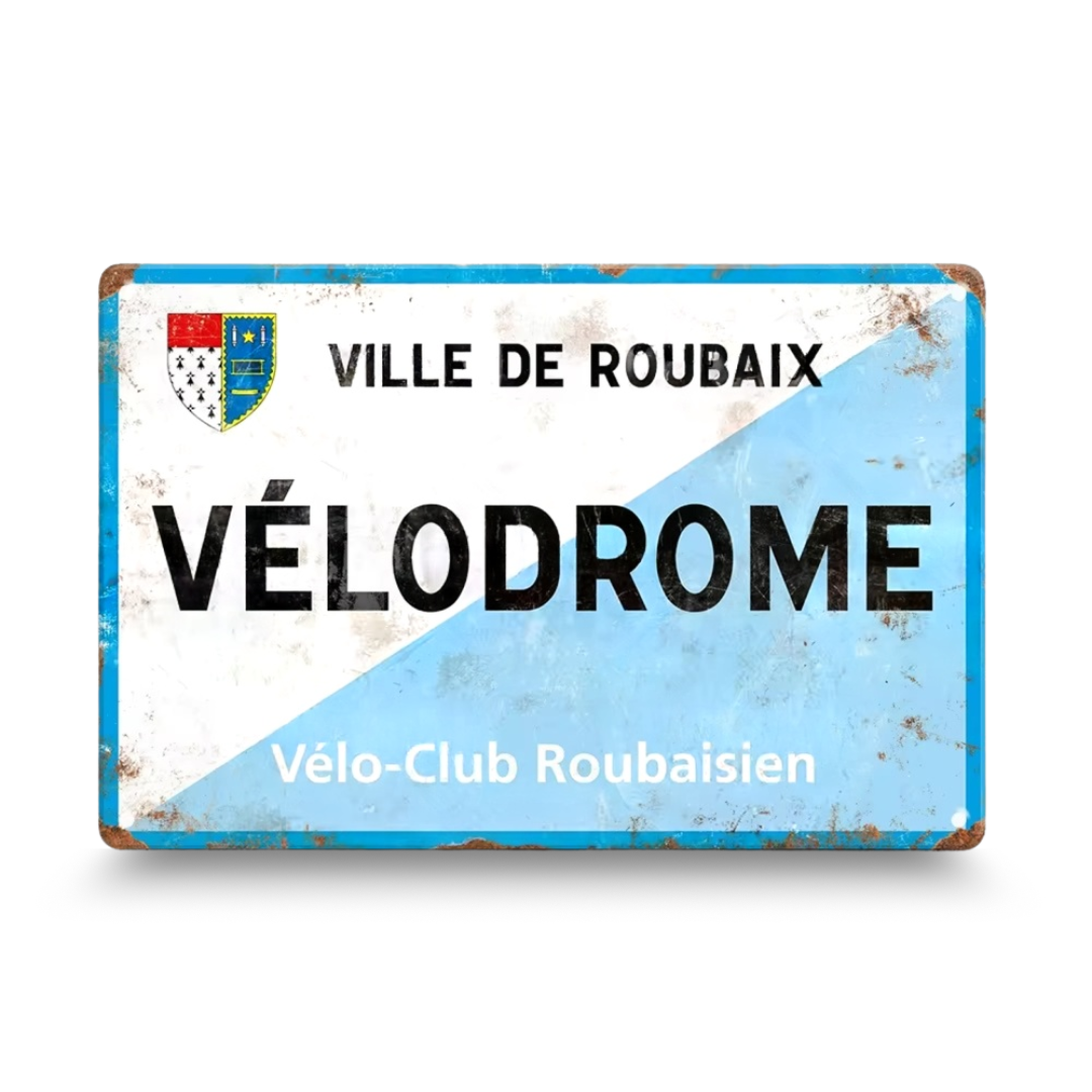Vintage-style sign for Vélodrome with text and a logo on a white background