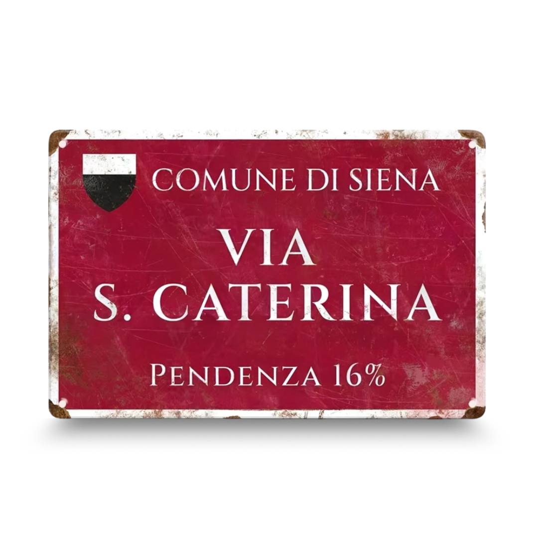 Red vintage-style street sign with white text on a white background