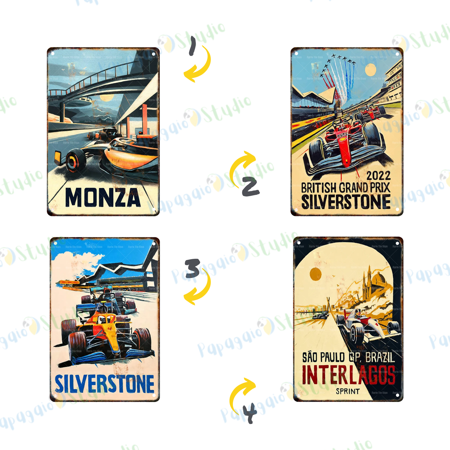 Vintage F1 Circuit Tin Sign Collection • Retro Formula 1 Cities Metal Print • Racing Sports Tinplate Decor • Grand Prix Wall Art Gift