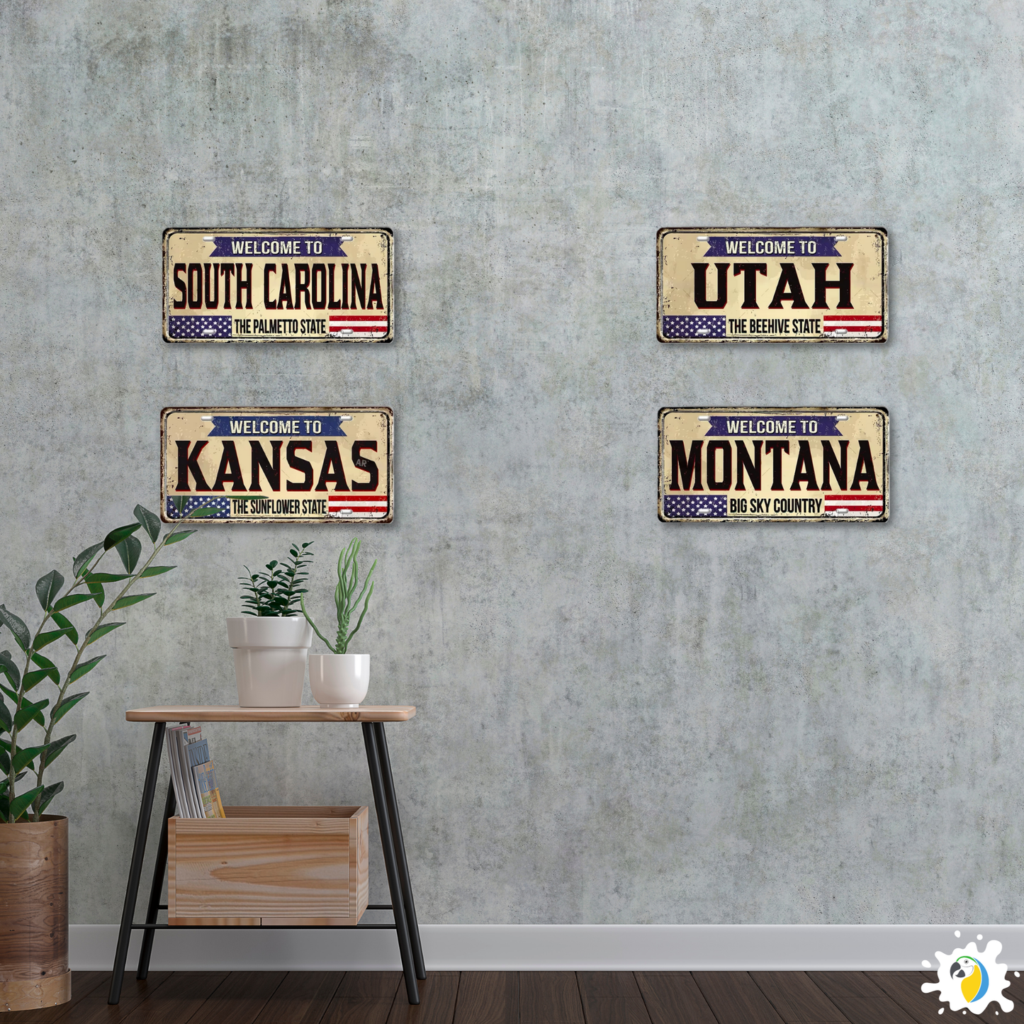 Welcome To USA License Plate Tin Sign Decor • United States Decorative 6"x12" Tinplate • Patriot American Metal Print Wall Hanging Art • Papagaio Studio Design Shop