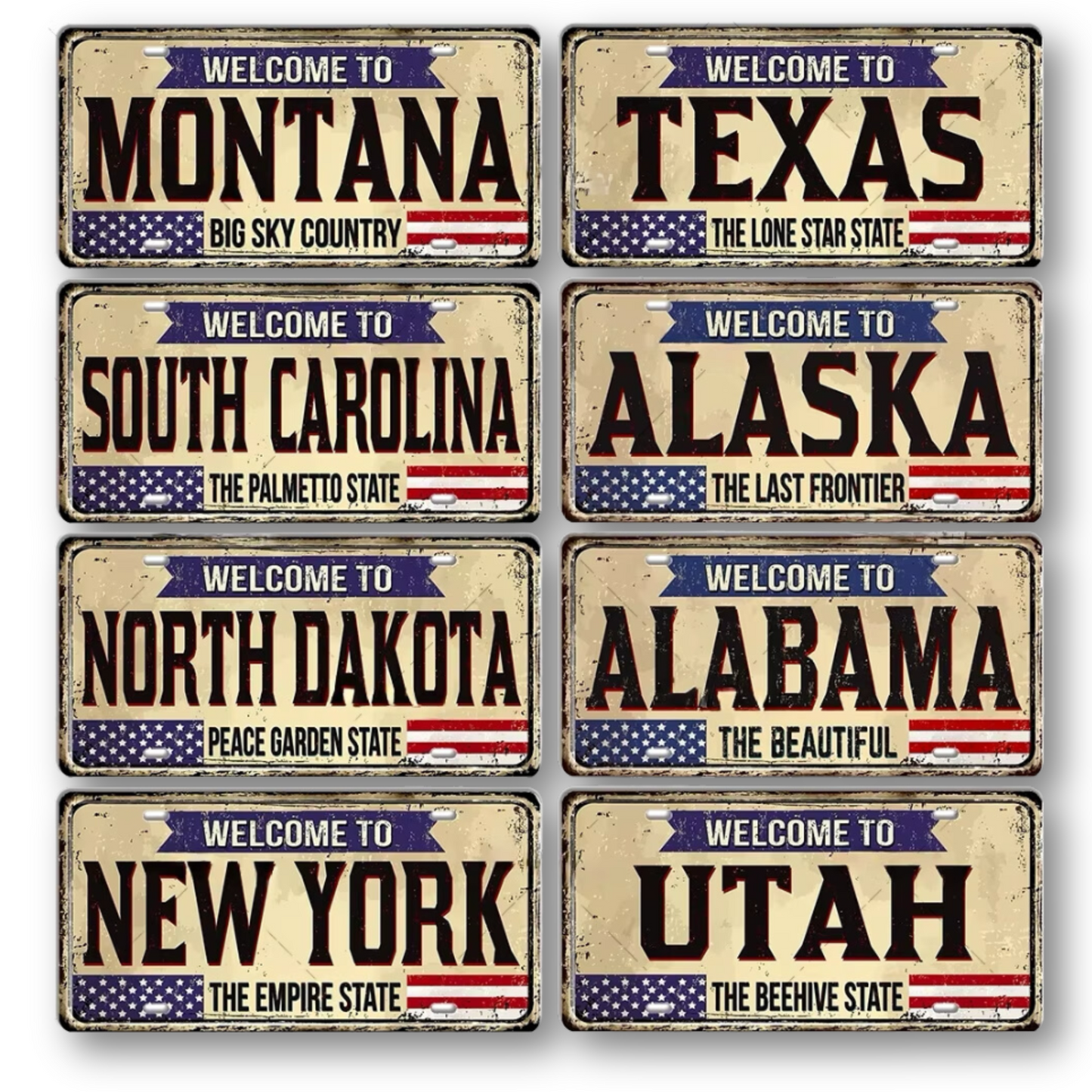 Welcome To USA License Plate Tin Sign Decor • United States Decorative 6"x12" Tinplate • Patriot American Metal Print Wall Hanging Art • Papagaio Studio Design Shop
