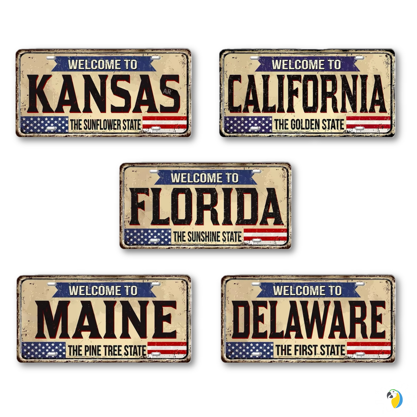 Welcome To USA License Plate Tin Sign Decor • United States Decorative 6"x12" Tinplate • Patriot American Metal Print Wall Hanging Art • Papagaio Studio Design Shop