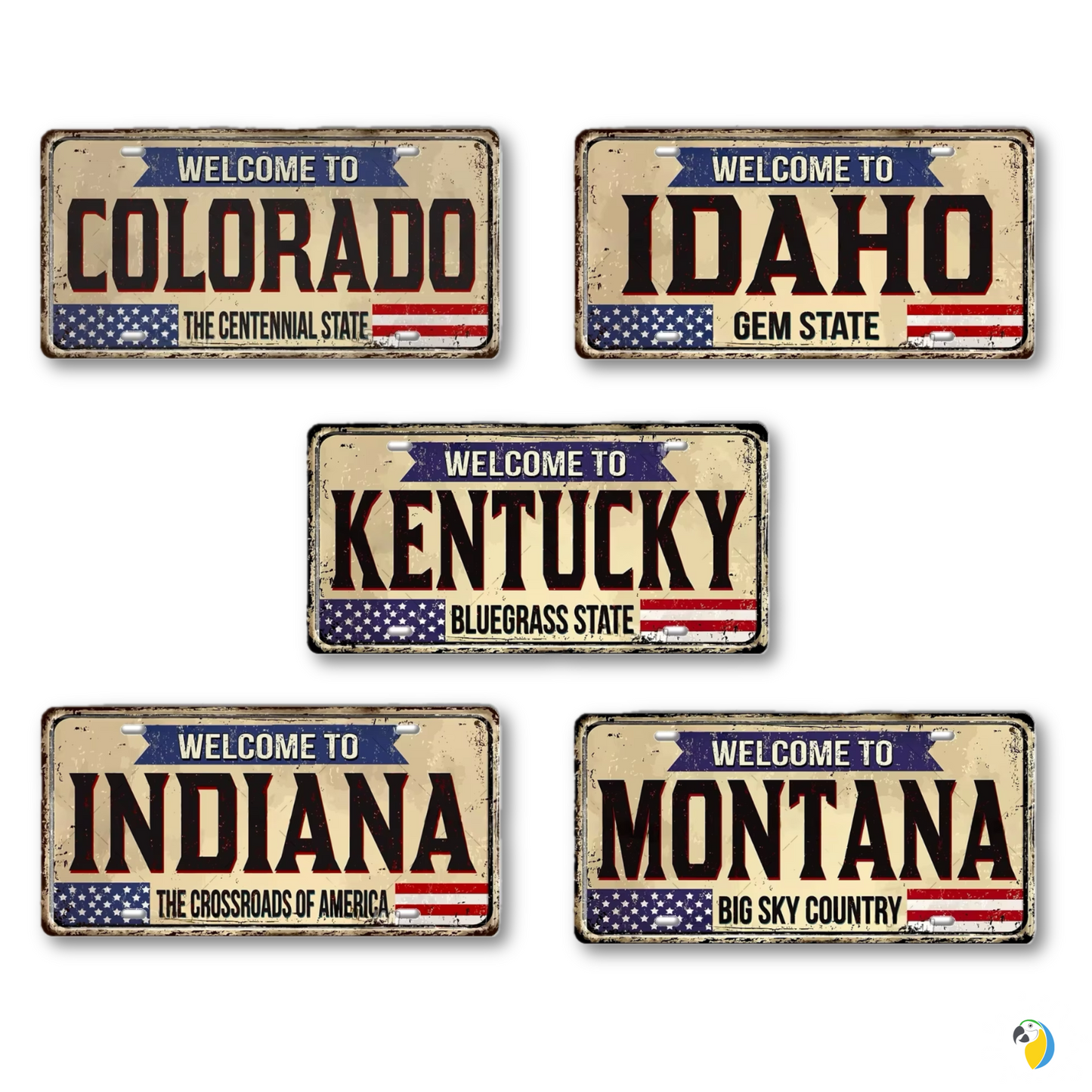 Welcome To USA License Plate Tin Sign Decor • United States Decorative 6"x12" Tinplate • Patriot American Metal Print Wall Hanging Art • Papagaio Studio Design Shop