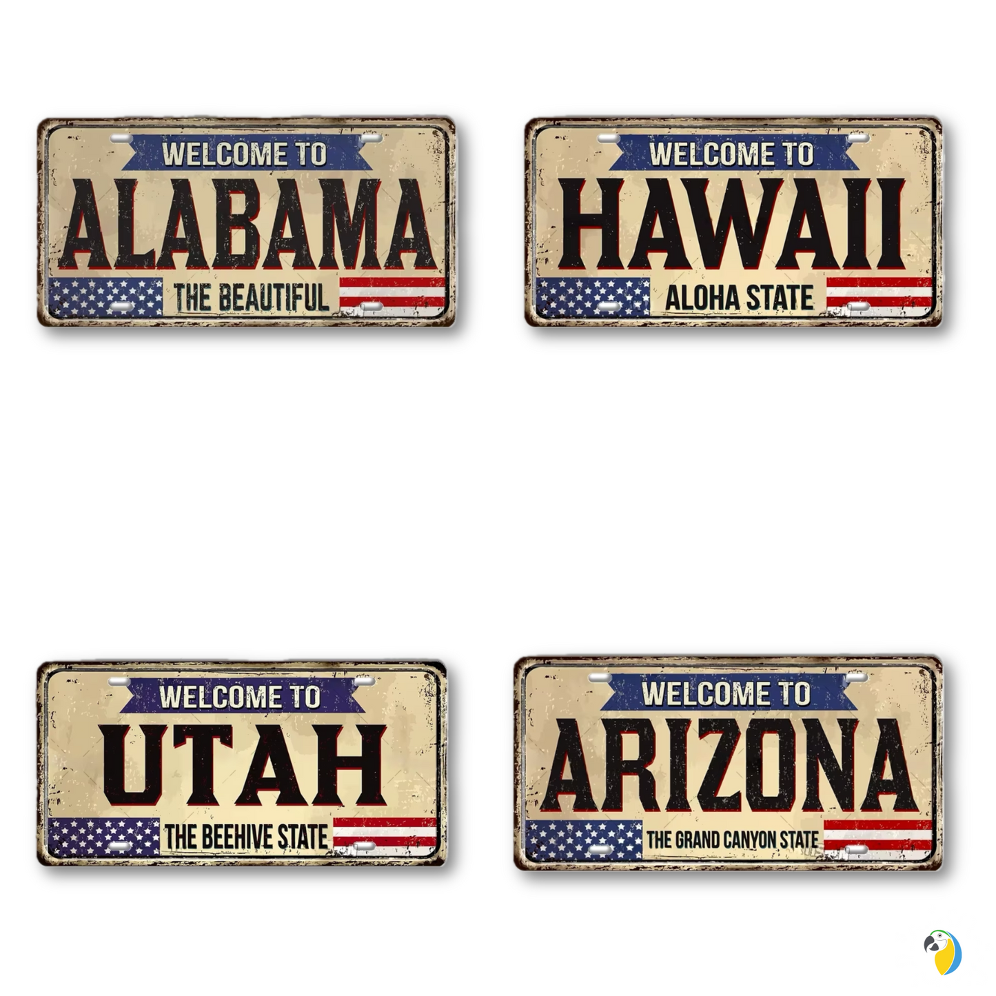 Welcome To USA License Plate Tin Sign Decor • United States Decorative 6"x12" Tinplate • Patriot American Metal Print Wall Hanging Art • Papagaio Studio Design Shop